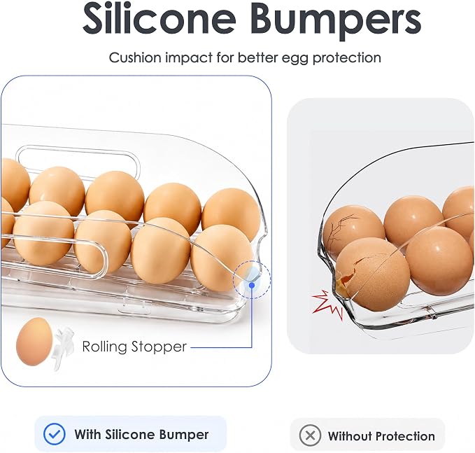 SMRCAD 24-Egg Dispenser with Silicone Bumpers, Auto-Rolling, Stackable | BPA-free food-grade PET | Stackable with lid | Built-in handle | Fits Large to Jumbo Eggs | Hand wash only