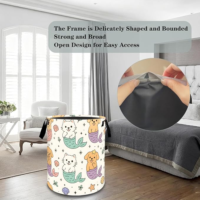 Cute Mermaid Pet Laundry Basket Hamper, Organizer Bins Gifts for Women Kids, Cat Dog Art Foldable Waterproof Clothes Hamper Handles Storage Bucket for Bedroom Bathroom Room Decor 19.7"x15.7"