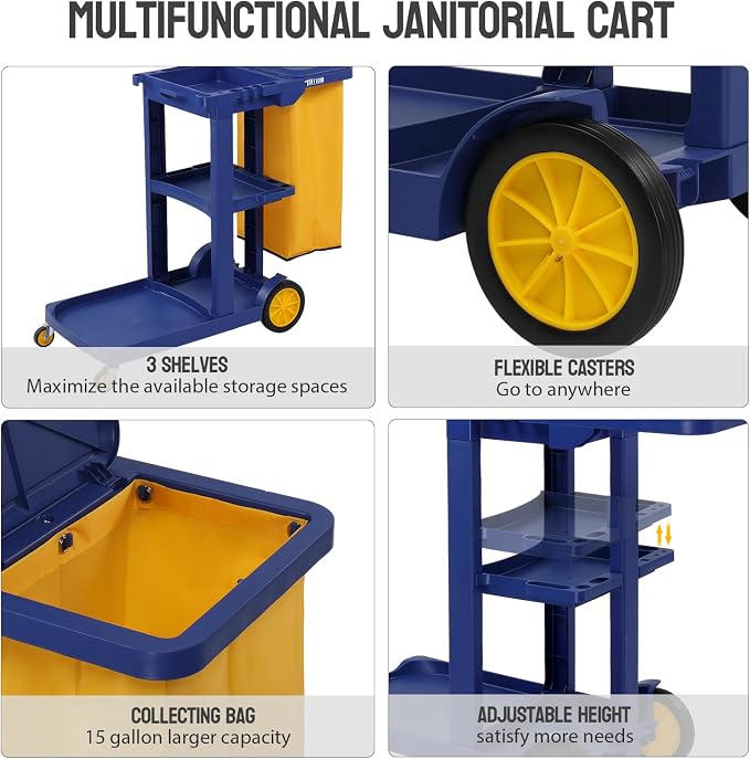 TUFFIOM Commercial Traditional Cleaning 3-Shelf Janitorial Cart, 500 Lbs Capacity Housekeeping Cart, Wheeled with Yellow VinylBag and Cover w Lid, Blue