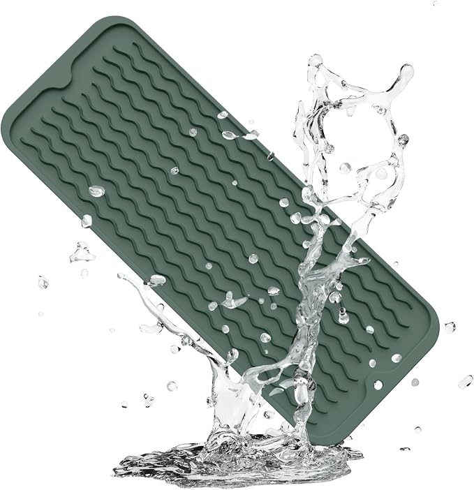 ZLR Small Dish Drying Mat for Kitchen Counter, 6"x17", Dark Green | Narrow Silicone Drainer for Apartment, Dorm & RV, Wavy Ridges Quick-Dry, Non-Slip, Rolls Up, Dishwasher Safe