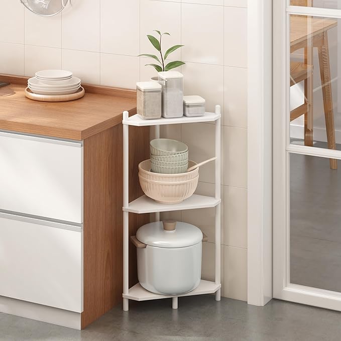 Wisuce White Small Corner Shelf Stand, 3-Tier Bamboo Corner Bookshelf | Space-Saving Narrow Corner Shelf | Bathroom Corner Shelf | Shelves for Bedroom, Living Room, Kitchen & Plant Display