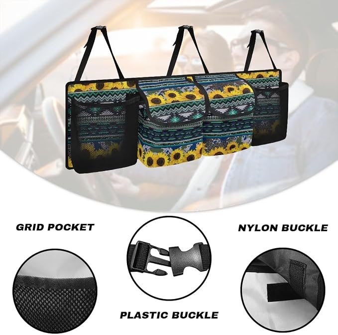 Dreaweet Sunflower Aztec Trunk Organizer for Car Women Green Back Seat Hanging Organizer with 4 Pockets Portable Collapsible Trunk Organizer for SUV Sedan Van Car Storage Accessories Interior