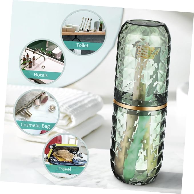 Travel Toothbrush Cup Holder with Lid Reusable PET Green | Covered Brush Case, Portable Organizer for Toiletries, Easy Cleaning, Multipurpose Use, Stylish Design