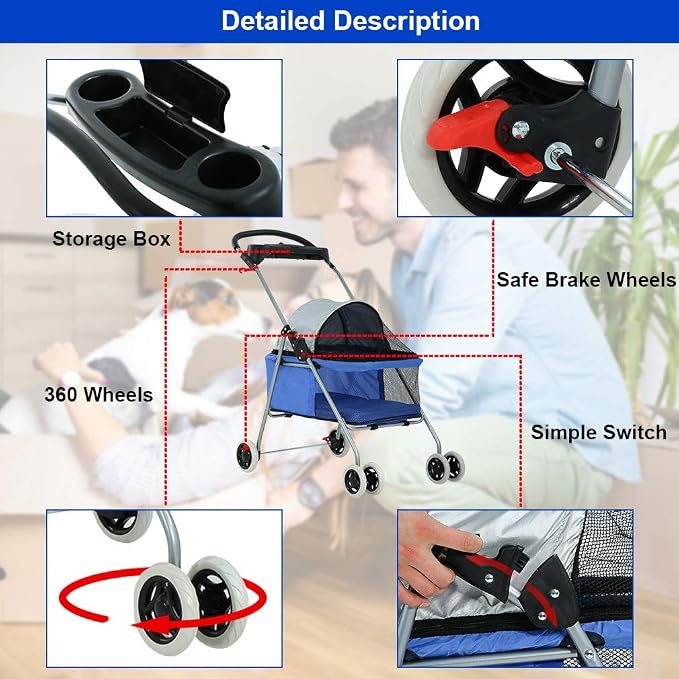 HGS Pet Cat Dog Stroller 4 Wheels Jogger Puppy Travel Carrier Portable Doggie Cage Strolling Cart with Cup Holders, 35Lbs Capacity Folding Waterproof Strolling Cart for Medium Dogs Cats Pet, Blue
