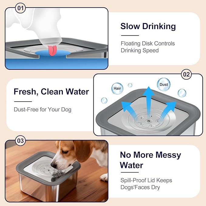 Dog Water Bowl No Spill, 101oz Stainless Steel Spill-Proof Bowl with Anti-Splash Floating Disk & Anti-Digging Lid, Slow Drinking Design with Non-Slip Base for Messy Drinkers