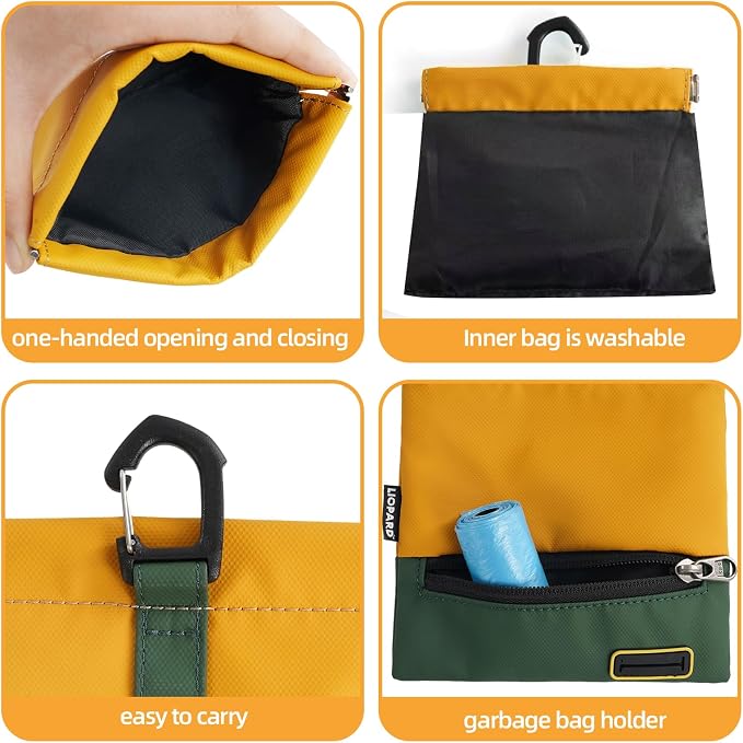 LIOPARD Portable Dog Treat Pouch, Hands-Free Pet Training Snack Bag with Carabiner, Auto-Closing Nylon Fabric Dog Walking Bag for Outdoor Use & Puppy Travel (Yellow)