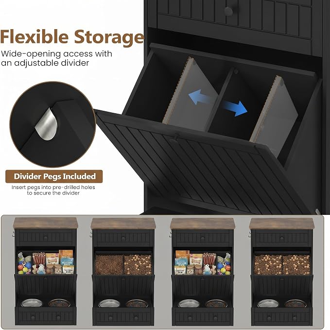 Dog Feeding Station Cabinet Elevated Bowls (Black, Classic Panel) | Slow Feeder Insert, Large food bin, Removable Divider, 3 Side Hooks, Pull-Out Drawer, Easy to Clean for Small & Middle Dogs