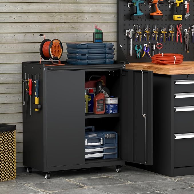 32''H Metal Storage Cabinets with Lock, Metal Garage Storage Cabinet on Wheels, Lockable Rolling Tool Chest Cabinet with Doors & Adjustable Shelves for Garage, Home, Office, Assembly Required