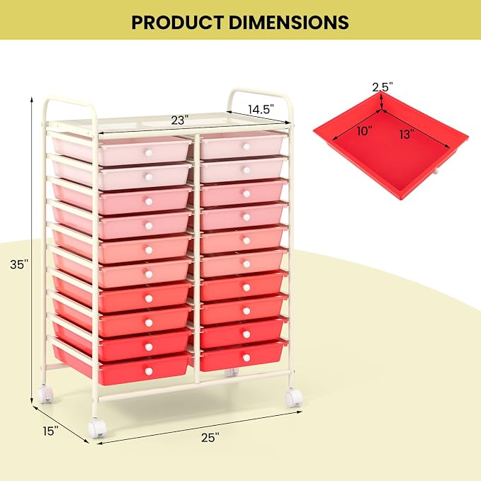 20 Drawer Rolling Storage Cart, Art Cart Organizer with Wheels for Makeup, Tool, Paper, Multipurpose Craft Storage Cart with Drawers for Office, Home, Classroom, School (Gradient Pink)