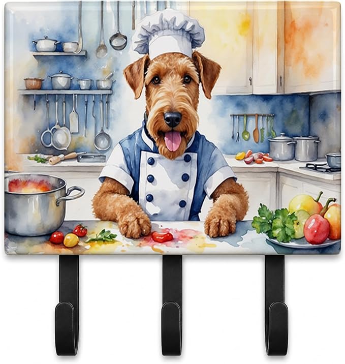 Caroline's Treasures Airedale Terrier The Chef Leash or Key Holder Wall Hooks, Key Hooks Holder, Coat Rack Wall Mount, Coat Hooks, Hooks for Hanging Keys, Towels, Aprons, Leashes | Airedale Terrier The Chef artwork on ceramic tile with three steel hook...