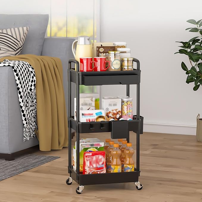 3 Tier Rolling Utility Cart with Drawer, Plastic Storage Organizer Rolling Carts with Wheels Handles Hanging Cups Hooks for Office, Bathroom, Kitchen,Craft Art Room (Black)