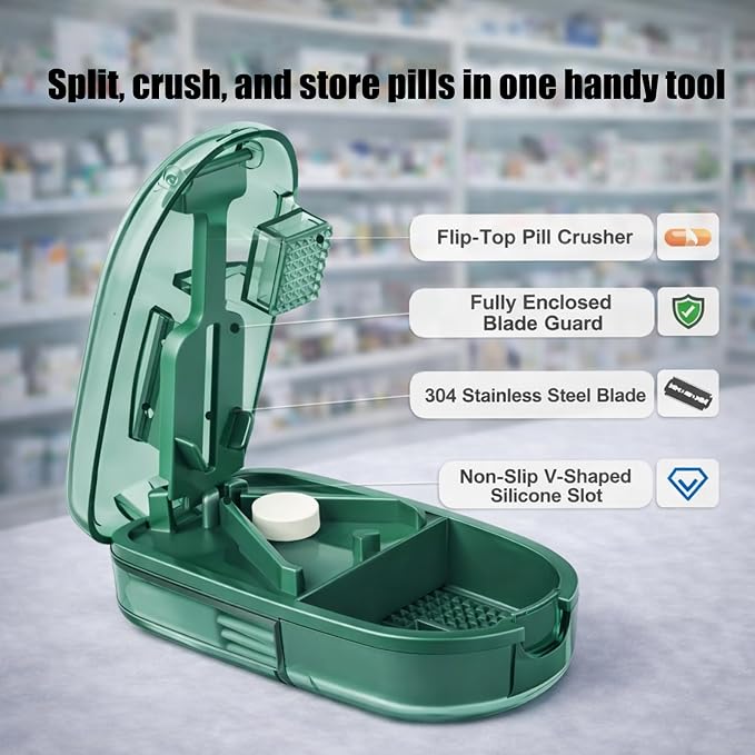 Pill Cutter and Crusher, Tablet Splitter with Pill Storage,Green