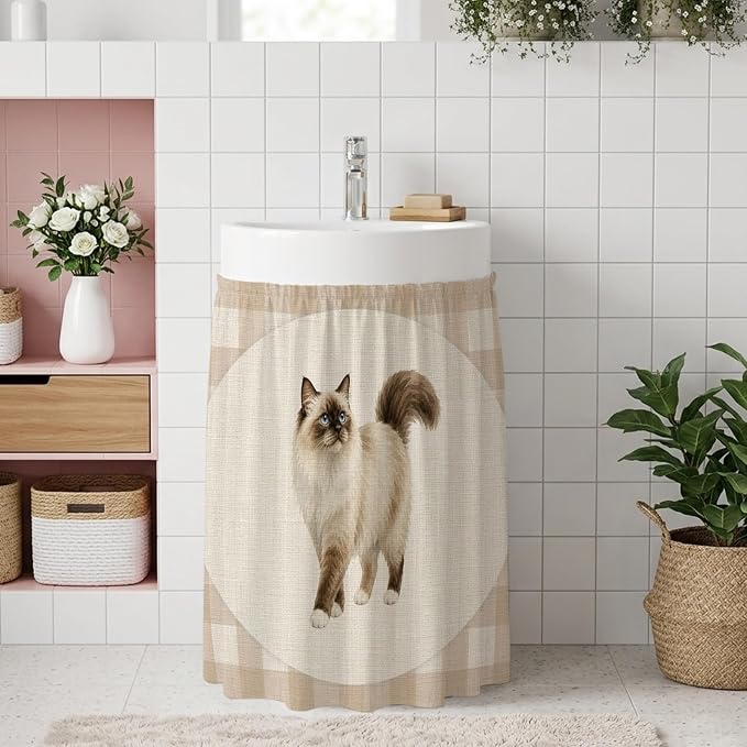 Ragdoll Cat Oven Skirt Curtain for Kitchen Decor 28"x35", Vintage Linen Plaid Farmhouse Pet Cats Self Adhesive Stove Curtains Skirt Cabinet Curtains for Bathroom Laundry Room