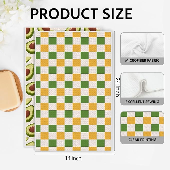 Avocado and Color Checkered Kitchen Towels, Quick Dry Multipurpose Waffle Weave Hand Towels for Bathroom, Absorbent Reusable Cloth Tea Dish Towels for Home Decor, Avocado Lover Gift Towel Set of 2