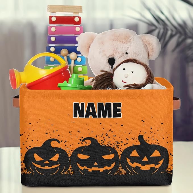 Custom Name Storage Bin, Personalized Rectangular Storage Basket with Handles for Organizing Boys Girls Toys Office Closet Shelf Baskets, Watercolor Orange Black Pumpkins Halloween