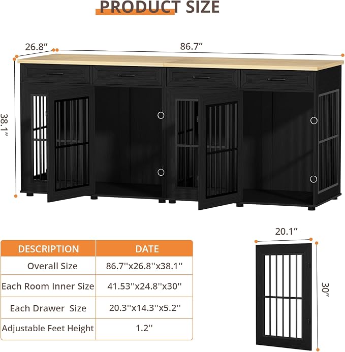 VOWNER 87" Dog Crate Furniture for 2 Dogs, Double Dog Cage Furniture, Black | Extra Large Wooden Dog Kennel with 4 Drawer, Removable Divider, Furniture-Style TV Stand, XXL Dog Crate for Large Medium Dogs
