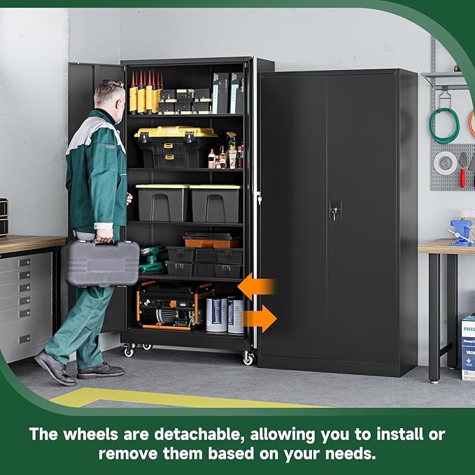 Metal Garage Storage Cabinets with Wheels,Steel Tool Cabinets Lock Door and Adjustable Shelves for Home,Office,Warehouse Organisieren (Black, 75" H)