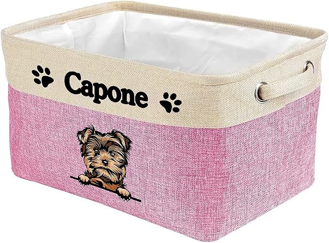 Personalized Fabric Dog Toy Storage Basket with Cute Dog Yorkie Collapsible Sturdy Fabric Pet Toys Storage Bin Cube with Handles for Organizing, Pink and White