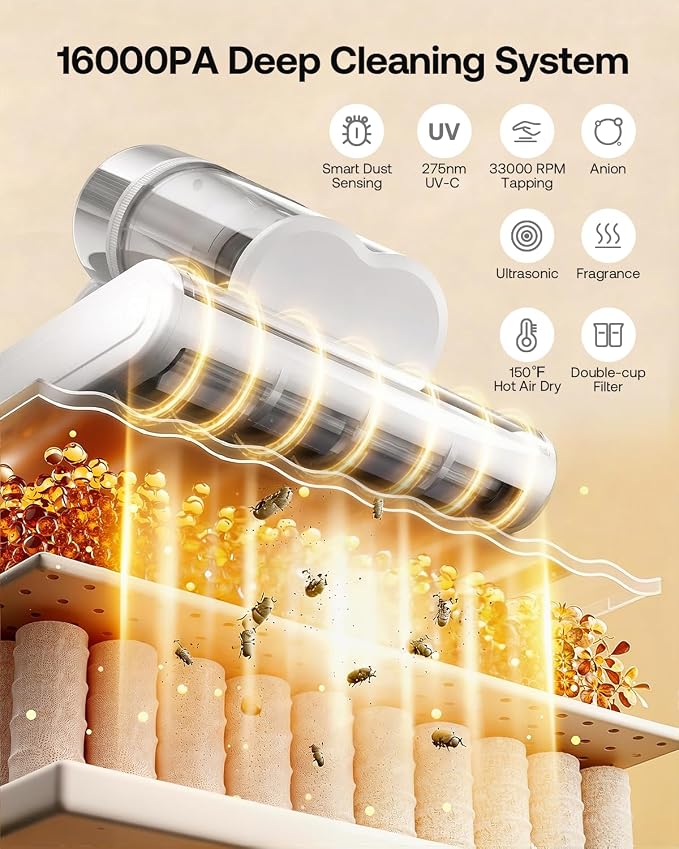 Trucozie Mattress Vacuum Cleaner with 275nm UV-C Light & 149℉ Heat, 16Kpa Powerful Suction Bed Vacuum for Pet Hair & Dander, Smart Dust Sensor, Anion & Aromatherapy, Corded for Bed, Sofa, Couch, White