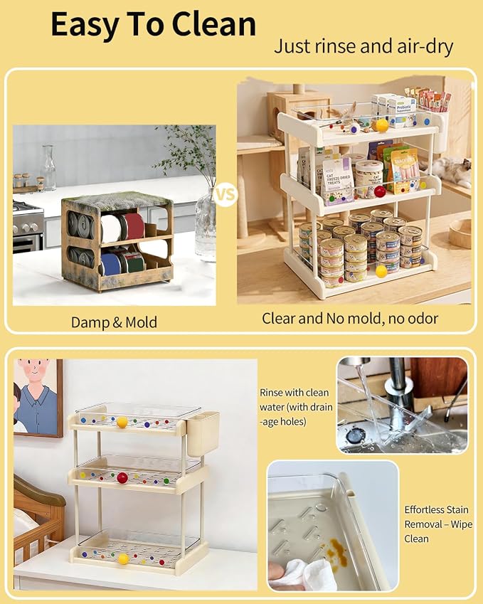Cat Food Can Organizer w/Lickable Cat Treats Storage 3-Tier -White | Pet Food Storage Rack, With Clear Acrylic Trays, Colorful Stickers, for Pantries, Cabinets, Or Shelves, for 3oz–12.5oz