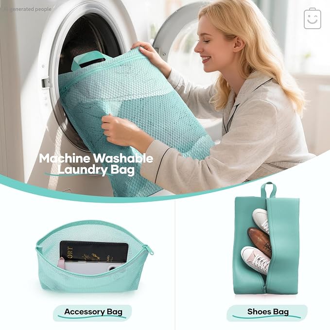 Veken 9/11 Set Compression Packing Cubes Garment Bags for Travel Essentials,Compressible Expandable Luggage Organizer Bags for Clothing,Space Saver Bags with Over 1000 pcs of Mesh Holes(Blue Green)