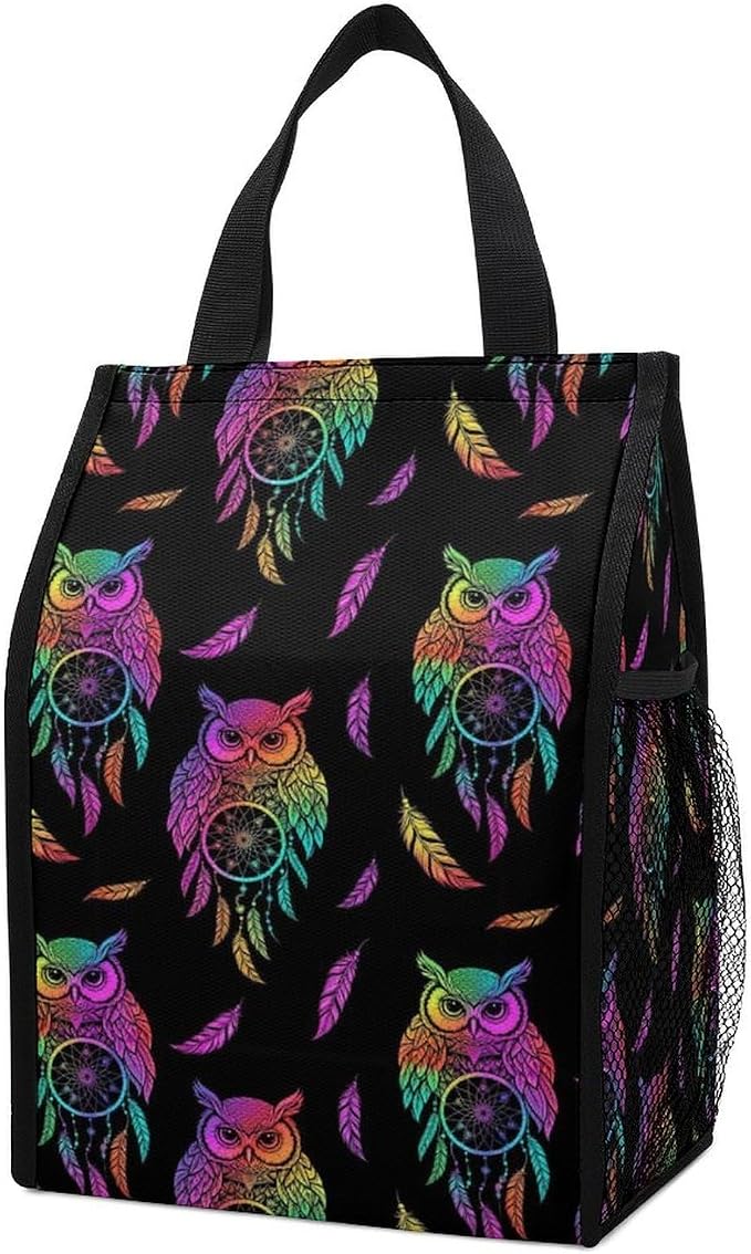 Portable Insulated Lunch Bag, Reusable Thermal Bags Compatible with Owl Rainbow Dream Catcher Cooler Tote Bag with Pocket Food Organizer Lunchbox