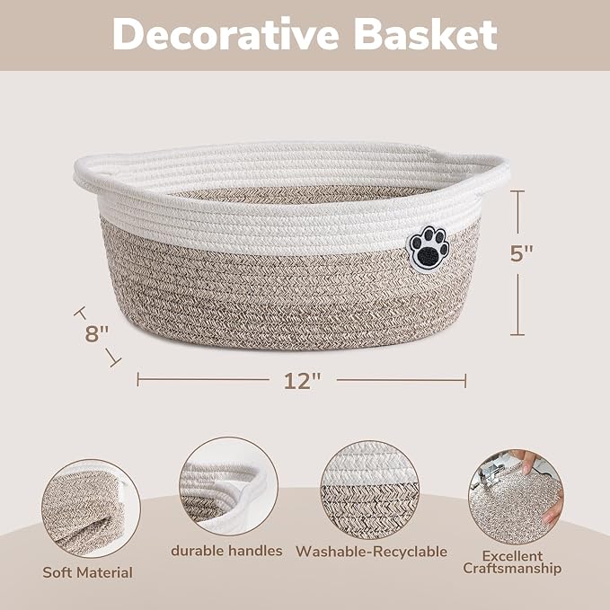 Dog Toy Basket Small Gift Basket for Baby, 12"x 8" x 5" inches Woven Storage Baskets for Dog Cat, Nursery Storage Baskets for Diapers, Towels, Mixed-Brown (Pack of 2)
