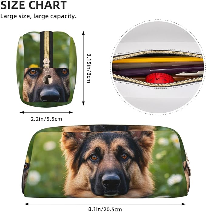 PU Leather Pencil Case Cosmetic Pencil Bags Makeup Pouch with Zipper | Cute Pet German Shepherd Dog Pen Pouch Portable Cosmetic Organizer Bag For Office Woman Man