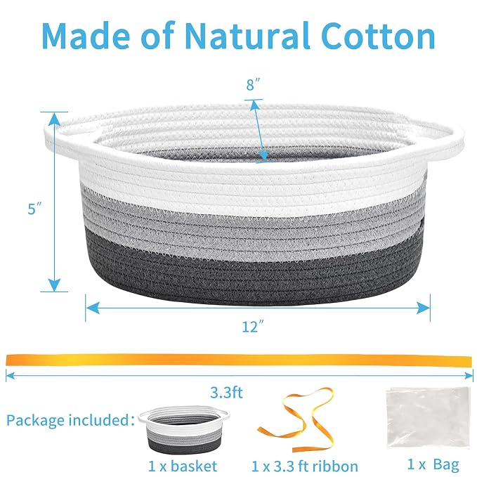 ABenkle Small Basket Empty Gift Basket, Decorative Boho Rope Woven Nursery Storage Organizer Dog Toy Baskets for Baby Showers Christmas Easter with Gift Bags and Ribbons, 12"X 8" X 5"