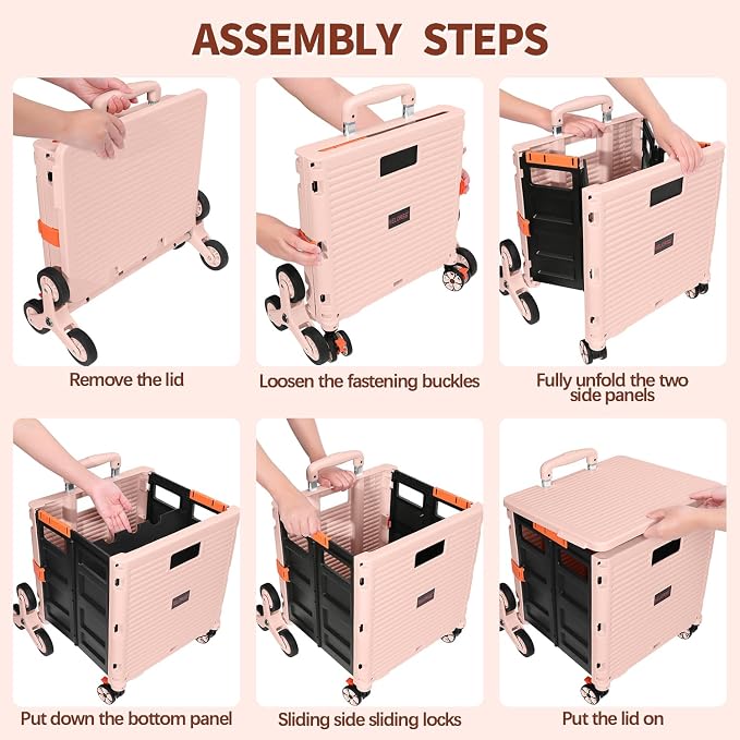 Foldable Utility Cart Collapsible Crate Rolling Carts with Stair Climbing Wheels Rolling Tote Basket Teacher Cart with Lid Wear-Resistant 360°Rotate Wheel Noiseless for Shopping Grocery Office
