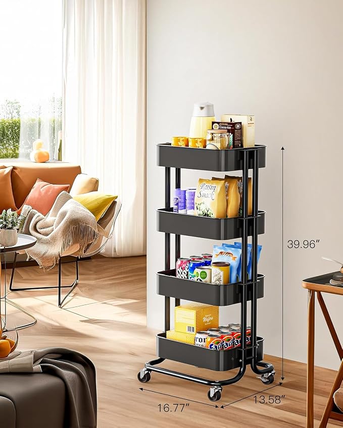Pipishell 4 Tier Metal Rolling Utility Cart with 2 Lockable Wheels, Black | 360° Rotating Wheel, Heavy-Duty Steel, Sturdy Dual Columns, Ventilated Mesh, Hold 22 lbs per Shelf, for Kitchen & Dining Room