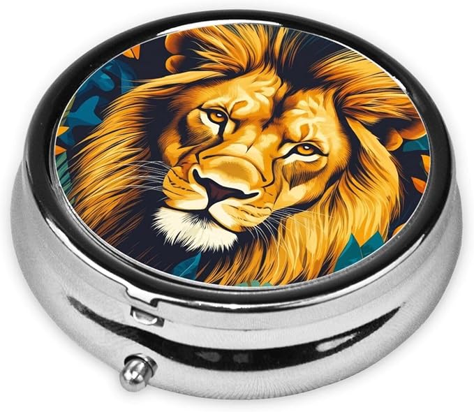 Tropical Male Lion Mane Leaf Jungle Portable Pill Organizer | 3 Compartment, With Mirror, For Men Women, For Daily Supplements, Vitamins, Fish Oil, Jewelry, Candy, Travel