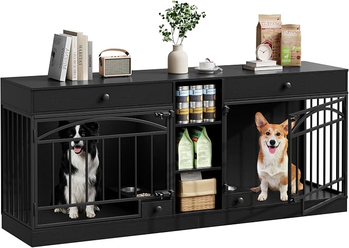 IDEALHOUSE 78.7" Double Dog Crate Furniture with Storage and 2 Doors, Black | Dog Kennel Indoor with Feeding Bowls, Wood Dog Crate TV Stand for Small Medium Dogs