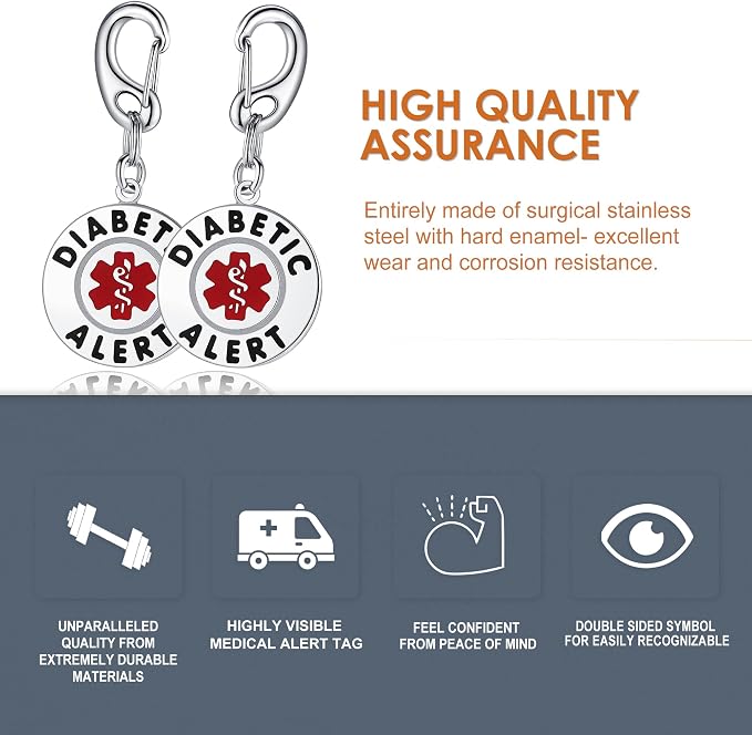 Divoti Diabetic Alert Bag Tag | 1.25" Dual-Sided Stainless Steel Medical Emergency ID for Backpacks, Luggage & Supplies | Quick Clip