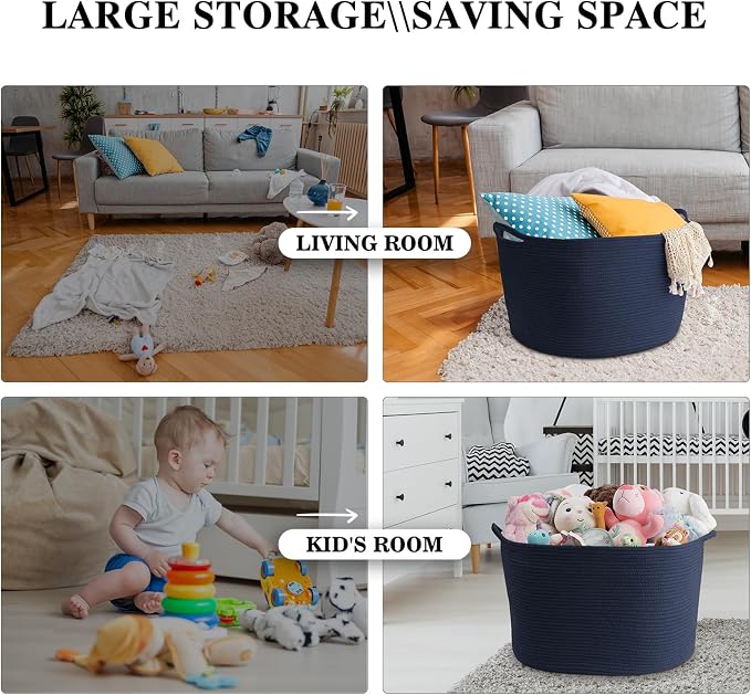 Maliton Woven Rope Blanket Basket Living Room, Storage Basket for Toy, 90L | 22"x14" cotton rope basket. Holds blankets, toys & towels & laundry. For bedroom, nursery, bath & playroom. Soft & durable.