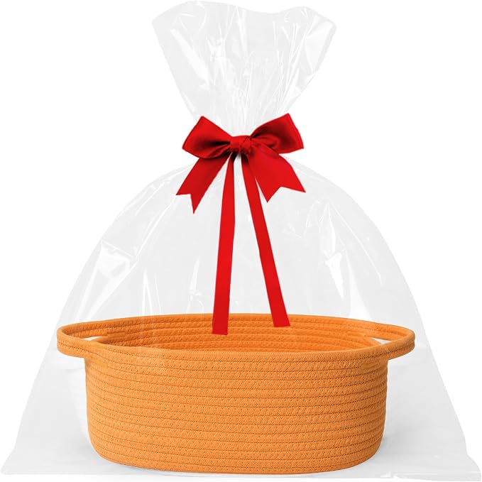 WILLITAT Orange Basket for Gifts Empty, 13"x 9"x 5" Small Woven Gift Basket with Bag and Ribbon, Cotton Rope Dog Cat Toy Bin Box, Cute Baby Nursery Organizer, Decorative Storage with Handles, Orange