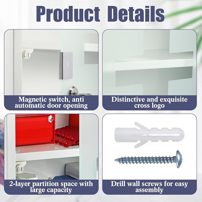 Timgle First Aid Wall Cabinet with Lock Medicine Wall Mounted Bathroom Storage Hanging Medical Cabinet with Safety Glass Door for Bathroom(2 Shelves,White)