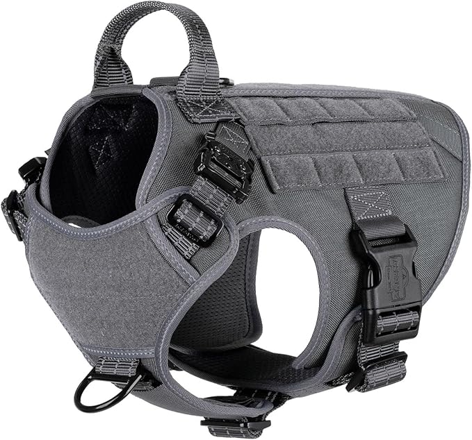 ICEFANG Tactical Dog Harness for Medium Dogs,Reflective No Pull Dog Vest | with Control Handle,Adjustable,Front Hook,2 Leash Clips,Soft Padded,MOLLE Panel,Grey,Medium