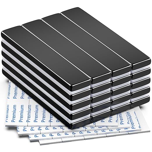 FINDMAG 20 Pack Super Strong Neodymium Magnets Bar with Double-Sided Adhesive, Rare Earth Magnets - 60 x 10 x 3mm - Black | Neodymium adhesive magnets with a clean coated finish; for cabinets, garage storage, dark displays and workshop fixtures