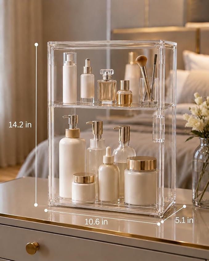 2-Tier Acrylic Display Case with Magnetic Door, Clear Makeup & Skincare Organizer for Bathroom Countertop, Dustproof Vanity Storage Cabinet for Cosmetics, Perfume & Beauty Products