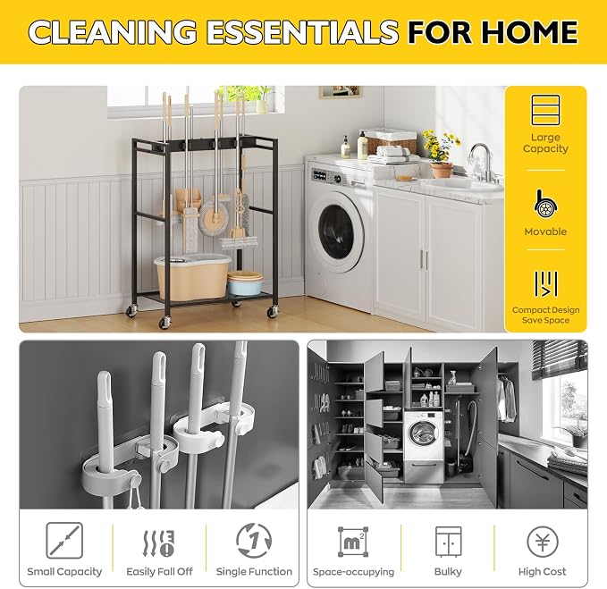 BORISI Broom And Mop Holder, Movable Broom Closet Storage Cabinet, Cleaning Cart with Mop Hanger Gripper Rack, Janitorial Cart, Utility Carts, Laundry Room Organization Home Essentials