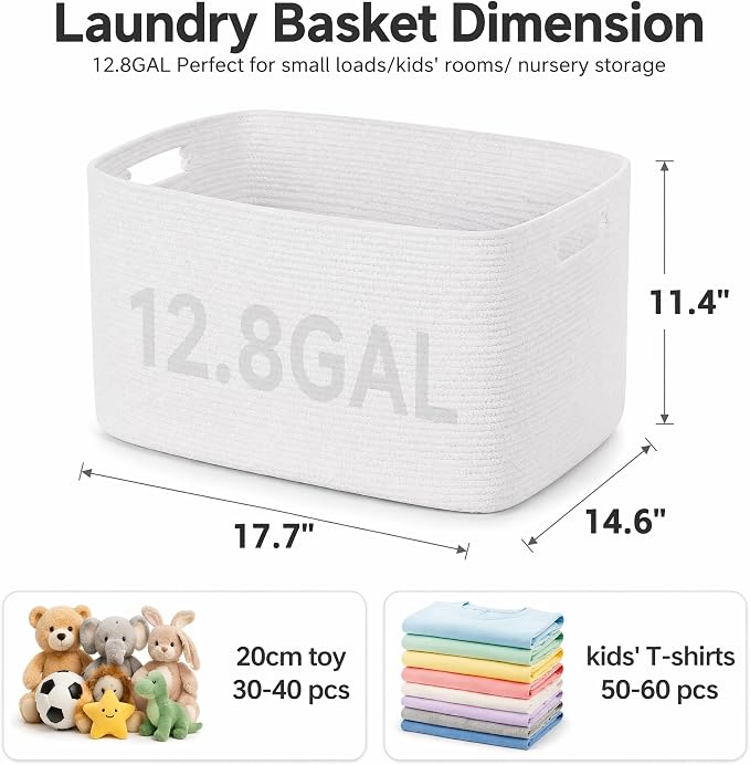 Cotton Rope Laundry Basket Small, 12.8GAL Collapsible Woven Storage Baskets for Living Room Kids Toys Stuffed Animal,Boho Rectangular Decorative Short Hamper for Dirty Clothes, Blankets Pure White