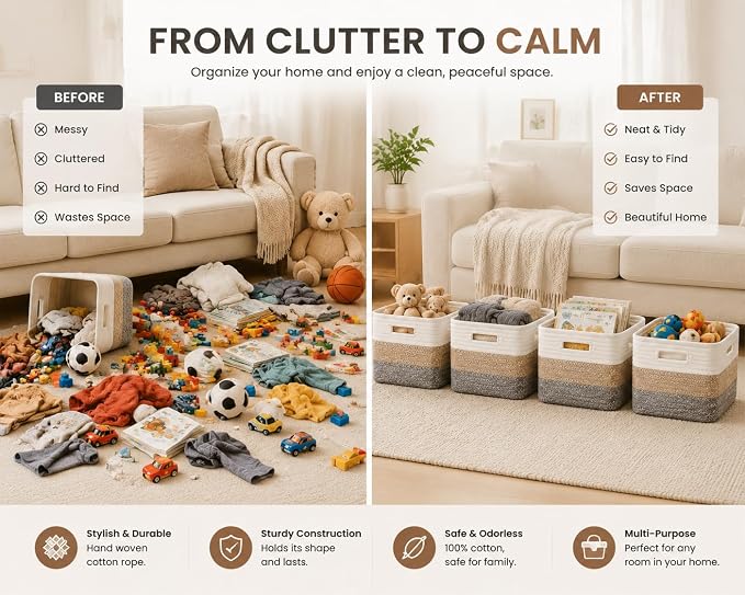 4 sets of hand-woven cotton rope storage boxes, suitable for toys, books, clothes, bathrooms, and car trunks used for organizing and decoration, Two 16x14x7 in and two 14x10x7 in