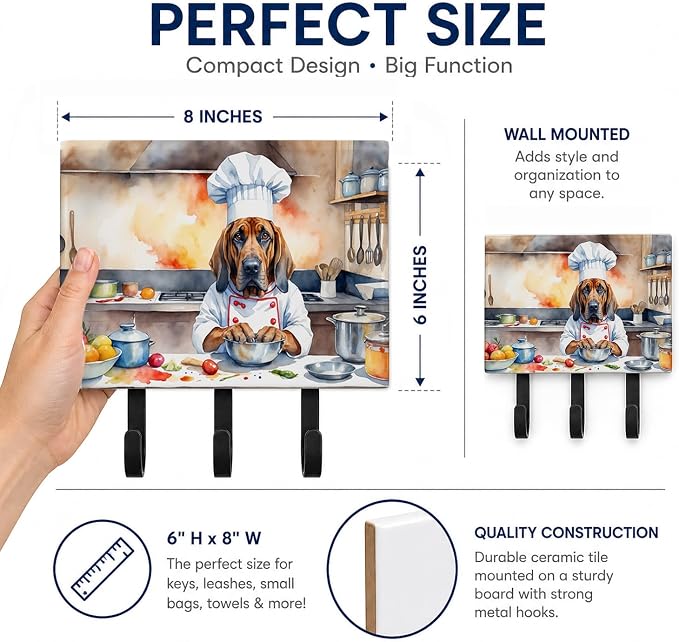 Caroline's Treasures Bloodhound The Chef Leash or Key Holder Wall Hooks, Key Hooks Holder, Coat Rack Wall Mount, Coat Hooks, Hooks for Hanging Keys, Towels, Aprons, Leashes | Bloodhound The Chef artwork on ceramic tile with three steel hooks for keys, ...