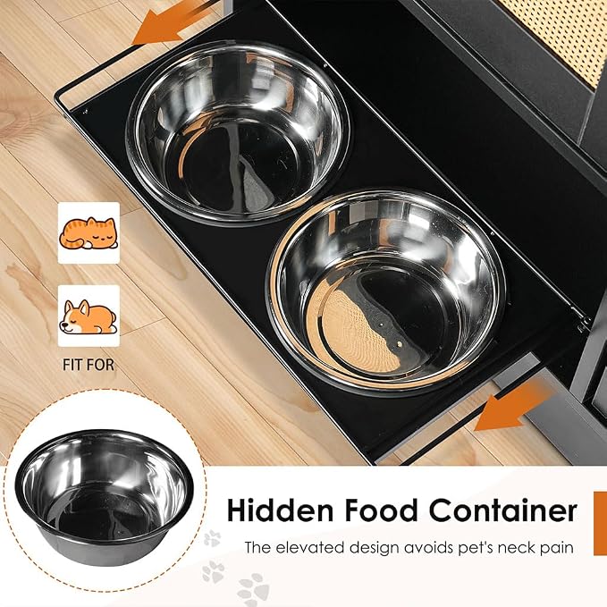 Pet Feeder Station Storage Cabinet, Hidden Pet Feeder Station with 2 Elevated Dog Bowls and Side Hooks, Large Pet Food Organizer Furniture for Feeding & Watering Supplies,