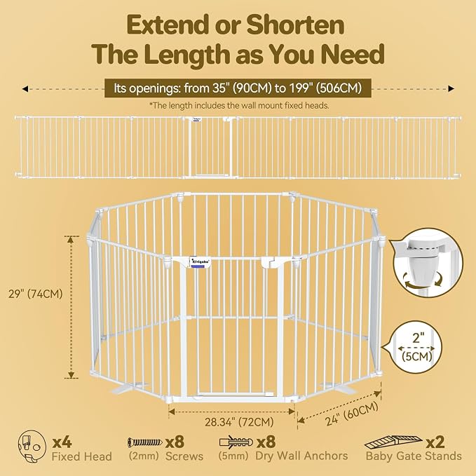 Kfvigoho Dog Gate 27.5"-199" Extra-Wide Playpen, Freestanding Pet Gate | Puppy Fence with Auto-Close Door, Double Locking System for Fireplace, Foldable White, 8 Panels