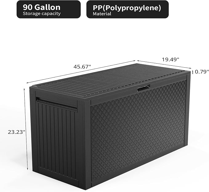 90 Gallon Outdoor Storage Box with Maze Texture, Waterproof Resin Deck Box for Patio Furniture Cushions, Lockable & Weather Resistant Garden Bin for Pool Toys & Tools, Black
