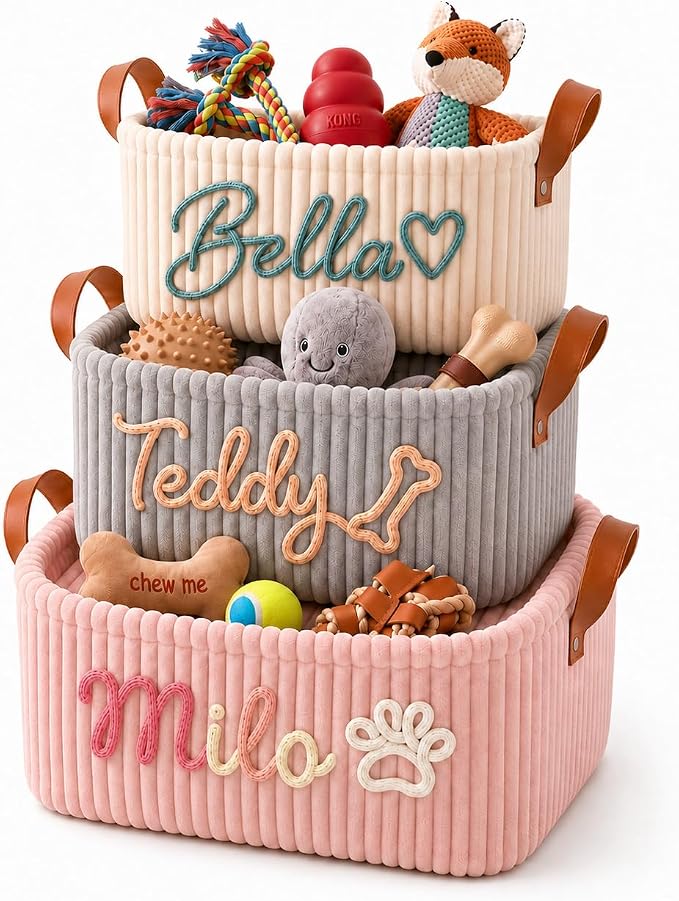 Personalized Dog Toy Basket with Name, Custom Pet Toy Storage Basket for Dogs and Cats, Handmade Puppy Toy Bin for Toys, Leashes, Treats, Blankets, New Puppy Gift