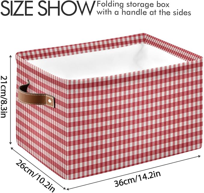 Kigai Red White Gingham Storage Basket with Handles Waterproof Collapsible Storage Bin Canvas Fabric Basket Decorative Box Closet Organizer for Nursery Bedroom Office