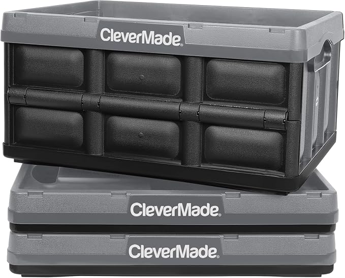 CleverMade Collapsible Storage Bins, 32L, 3 Pack Foldable Storage, Stone | Turn Trunk and Garage Clutter into Stackable Order | Reinforced Plastic Handles Up to 66 lb, Then Nests Compactly When Folded